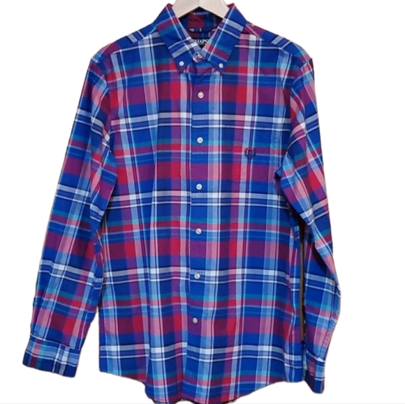 CHAPS M STRETCH OXFORD RED & BLUE PLAID LONGSLEVE BUTTON DOWN SHIRT - Picture 1 of 6